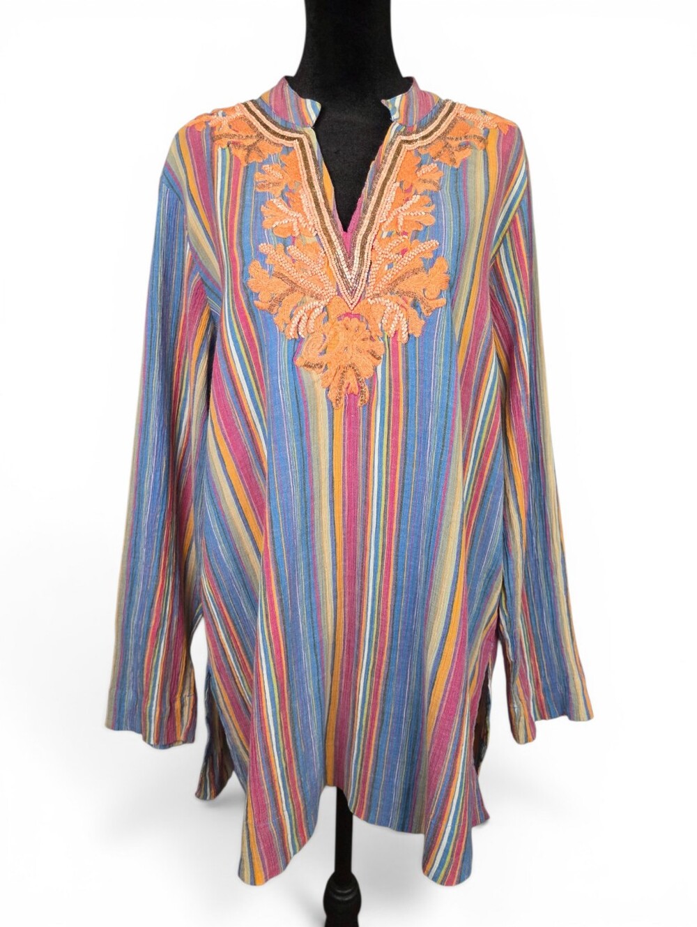 Soft Surroundings Embroidered Beaded Stripe Cotton Crinkle Boho Tunic Top Medium